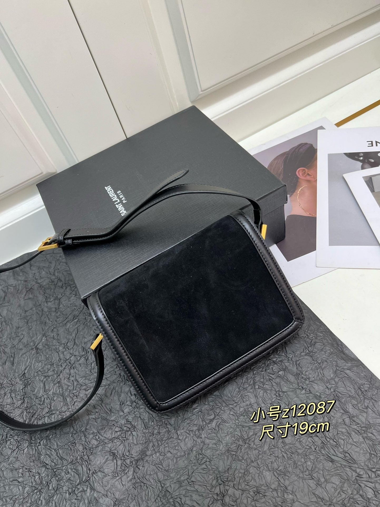 YSL Solferino Satchel – Black Suede with Gold Pivoting Cassandre