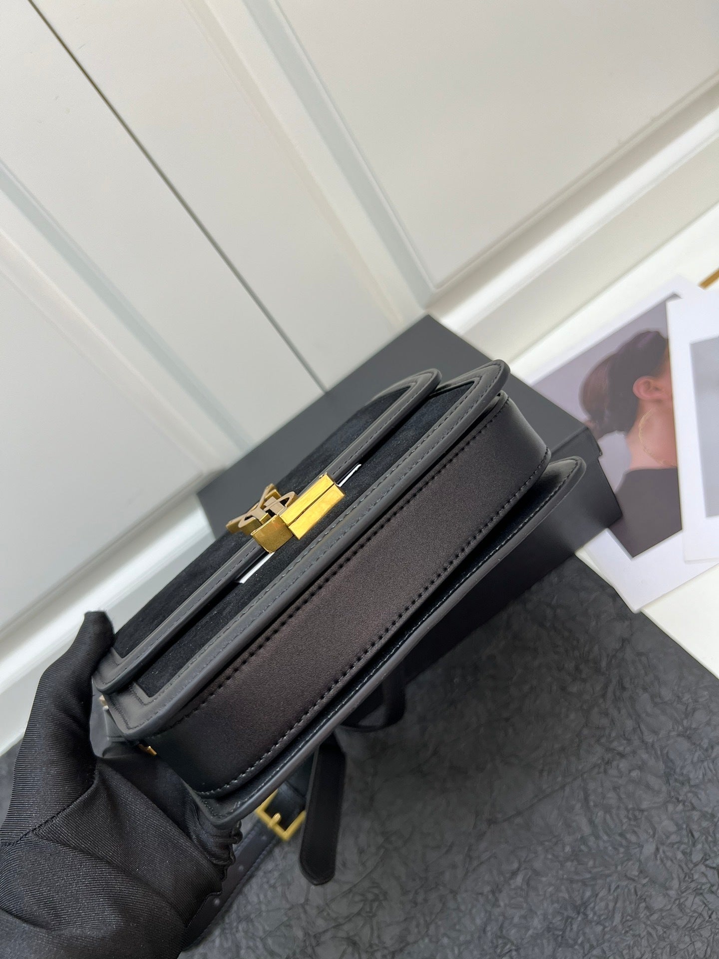 YSL Solferino Satchel – Black Suede with Gold Pivoting Cassandre