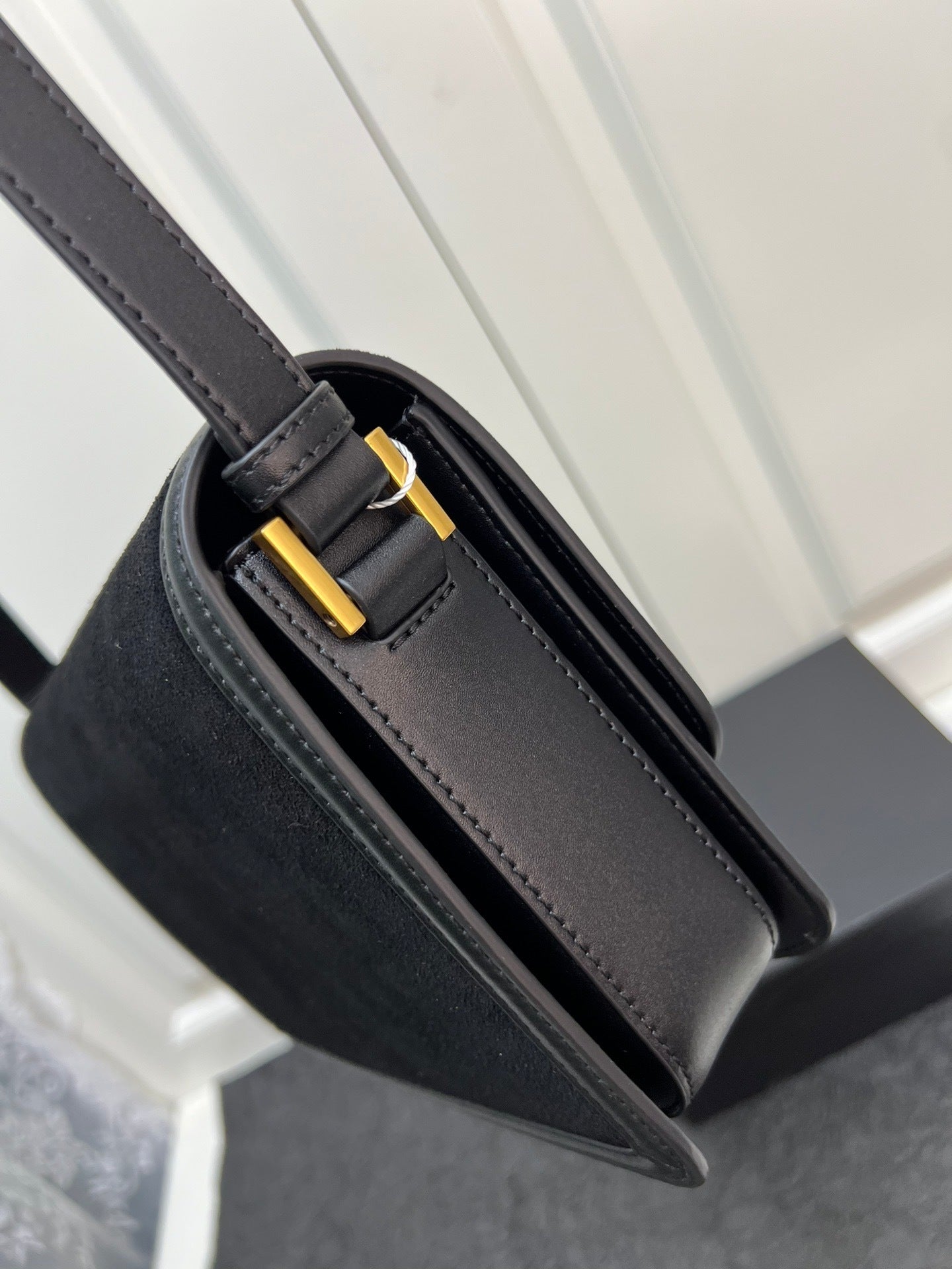 YSL Solferino Satchel – Black Suede with Gold Pivoting Cassandre