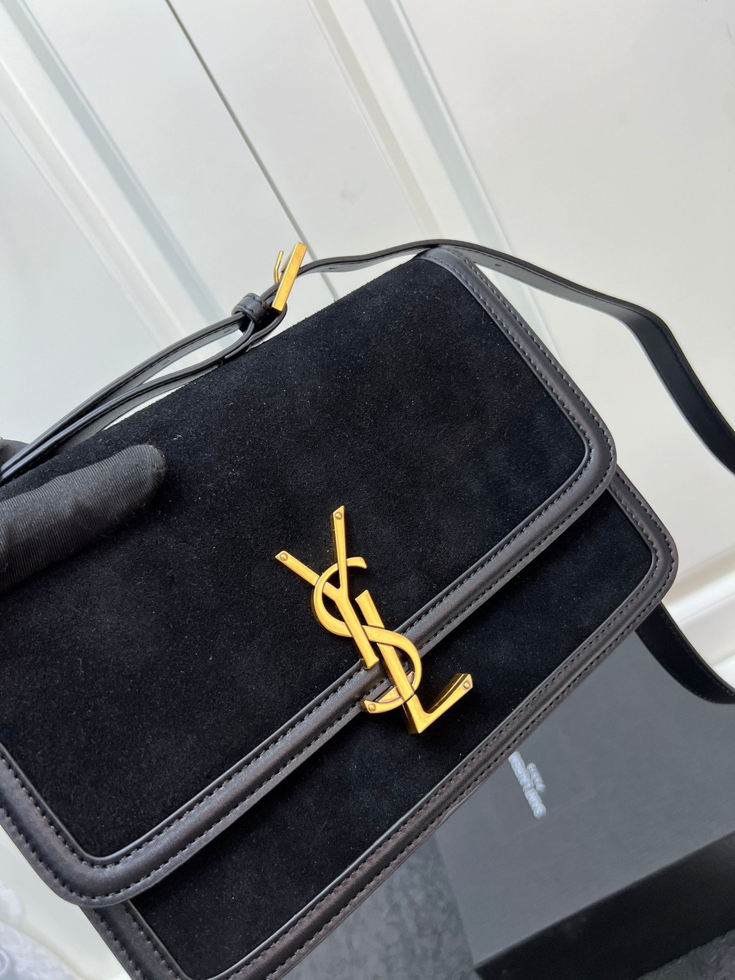YSL Solferino Satchel – Black Suede with Gold Pivoting Cassandre