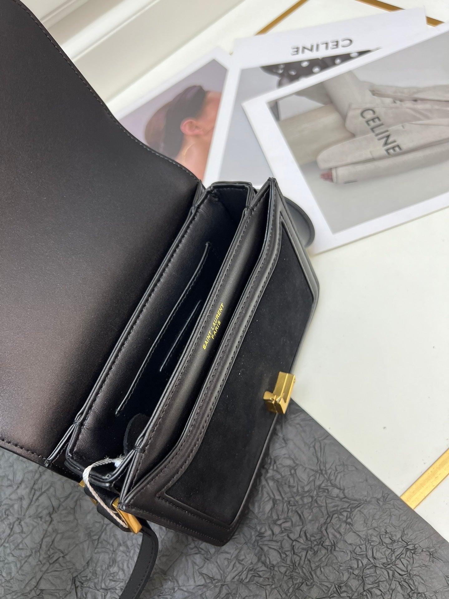 YSL Solferino Satchel – Black Suede with Gold Pivoting Cassandre