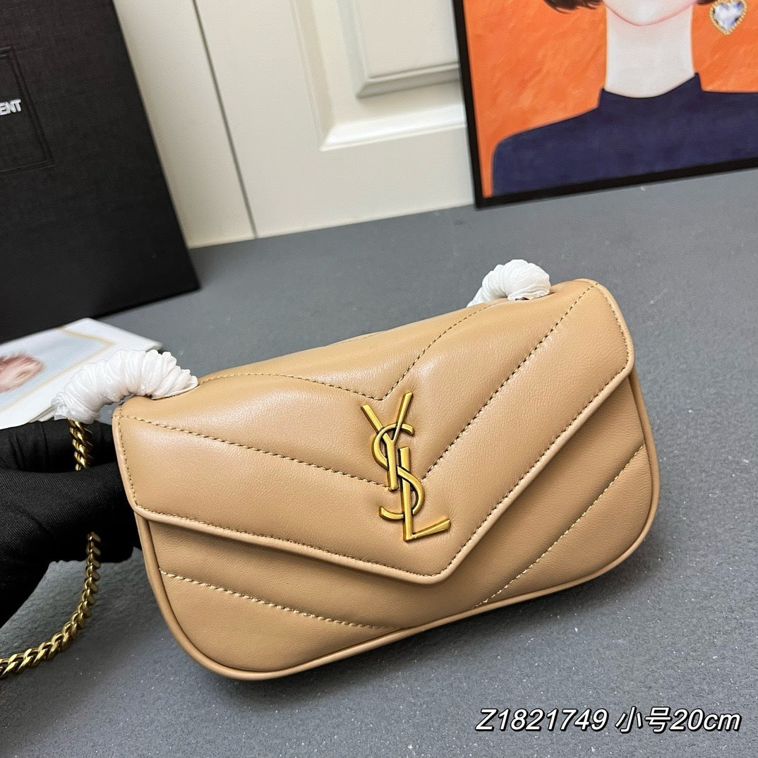 Saint Laurent Loulou Mini – Dark Beige Chevron-Quilted Lambskin with Gold YSL Hardware