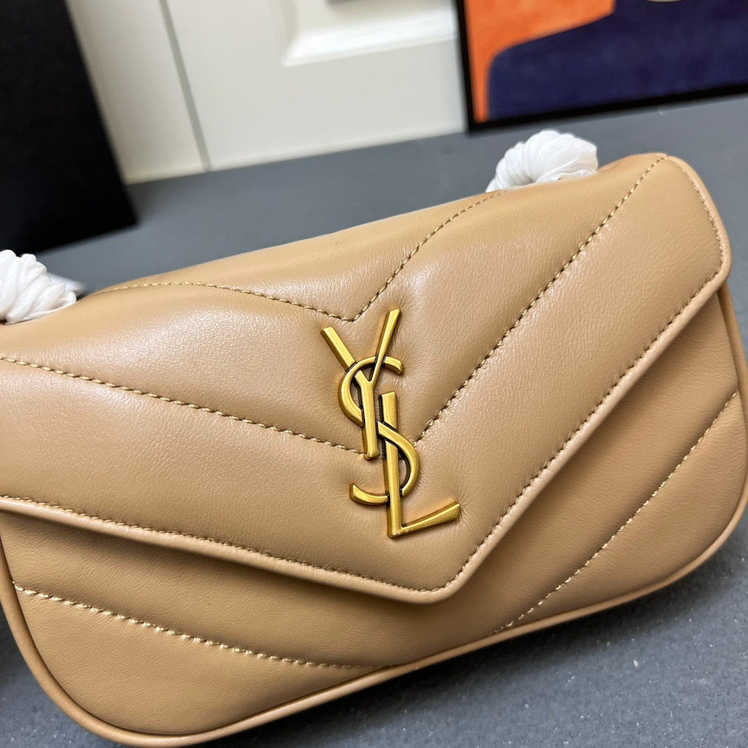 Saint Laurent Loulou Mini – Dark Beige Chevron-Quilted Lambskin with Gold YSL Hardware