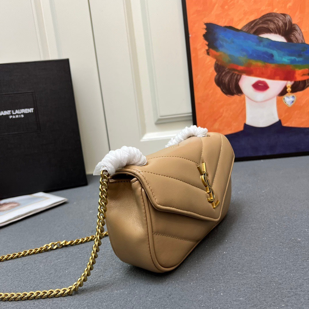 Saint Laurent Loulou Mini – Dark Beige Chevron-Quilted Lambskin with Gold YSL Hardware