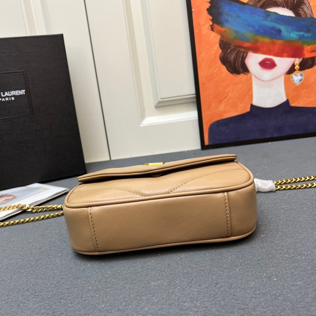 Saint Laurent Loulou Mini – Dark Beige Chevron-Quilted Lambskin with Gold YSL Hardware