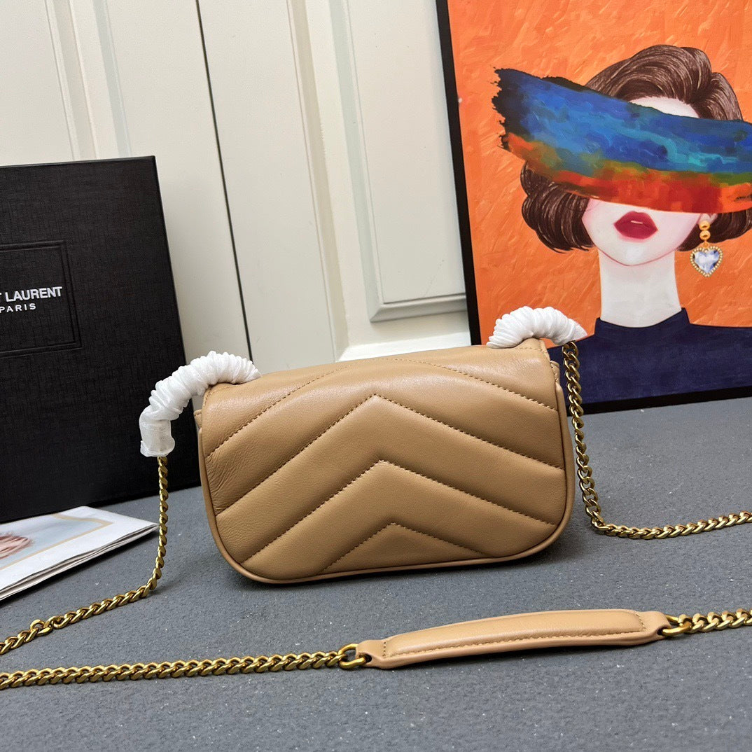 Saint Laurent Loulou Mini – Dark Beige Chevron-Quilted Lambskin with Gold YSL Hardware