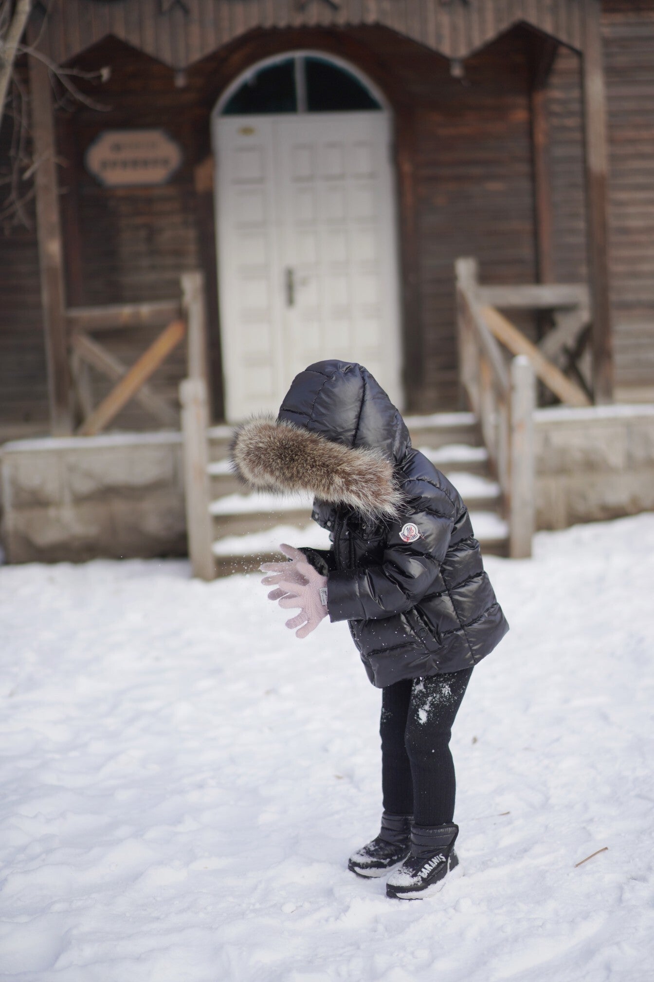 Enfant "Maya" Shiny Black Puffer Jacket with Faux Fur Hood