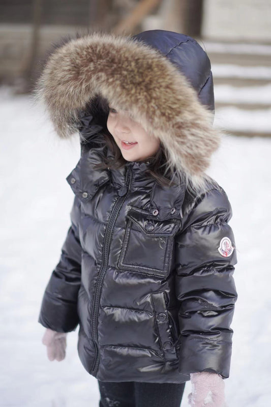 Enfant "Maya" Shiny Black Puffer Jacket with Faux Fur Hood