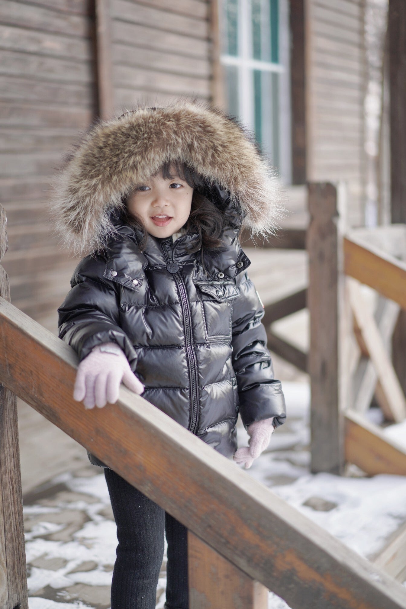 Enfant "Maya" Shiny Black Puffer Jacket with Faux Fur Hood