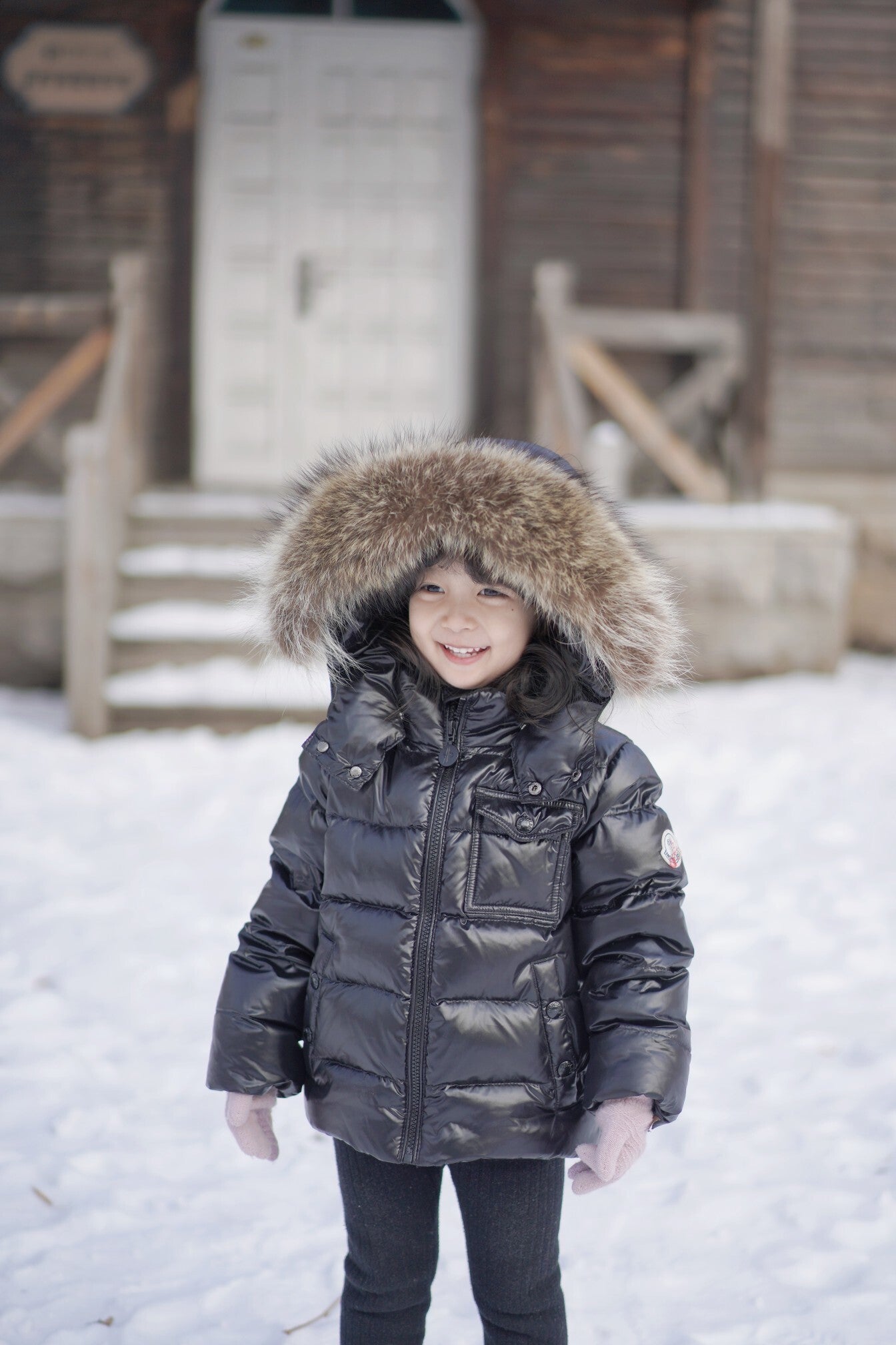 Enfant "Maya" Shiny Black Puffer Jacket with Faux Fur Hood