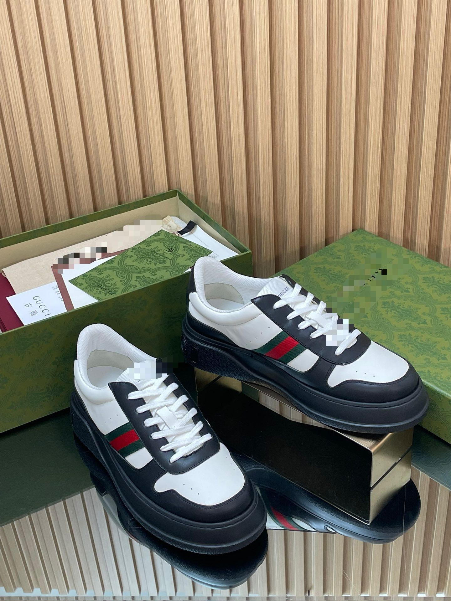 Two-Tone Chunky B Sneaker – White & Black Smooth Leather with Heritage Web Stripe