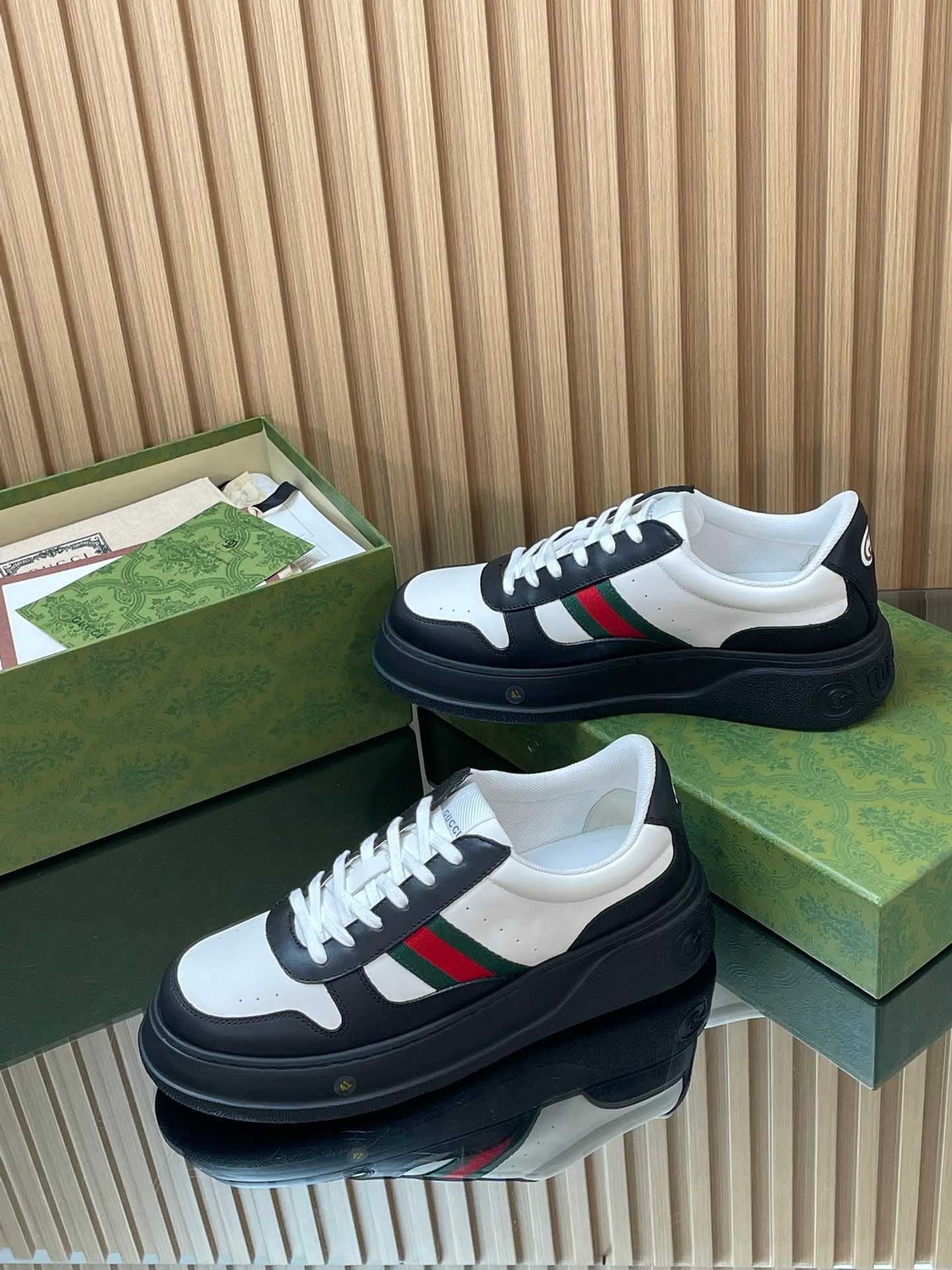 Two-Tone Chunky B Sneaker – White & Black Smooth Leather with Heritage Web Stripe