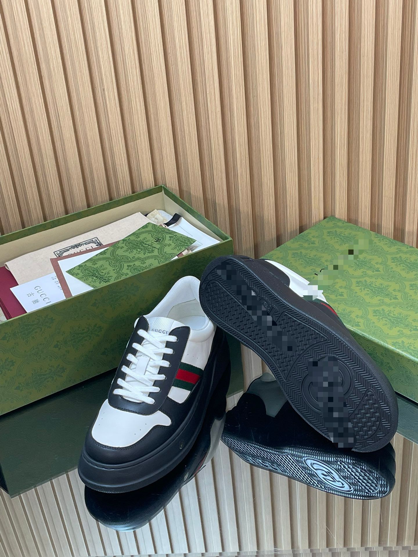 Two-Tone Chunky B Sneaker – White & Black Smooth Leather with Heritage Web Stripe