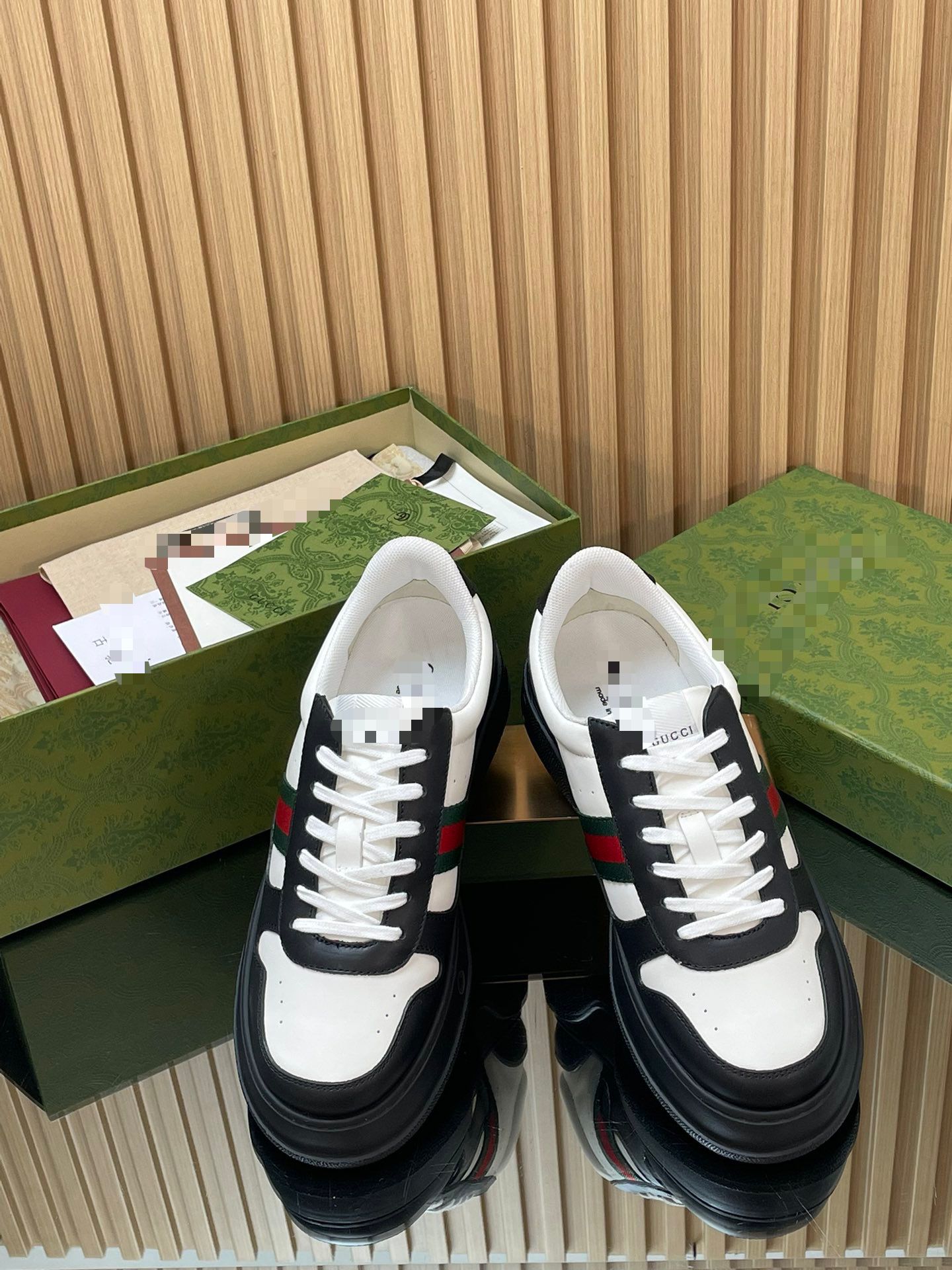Two-Tone Chunky B Sneaker – White & Black Smooth Leather with Heritage Web Stripe