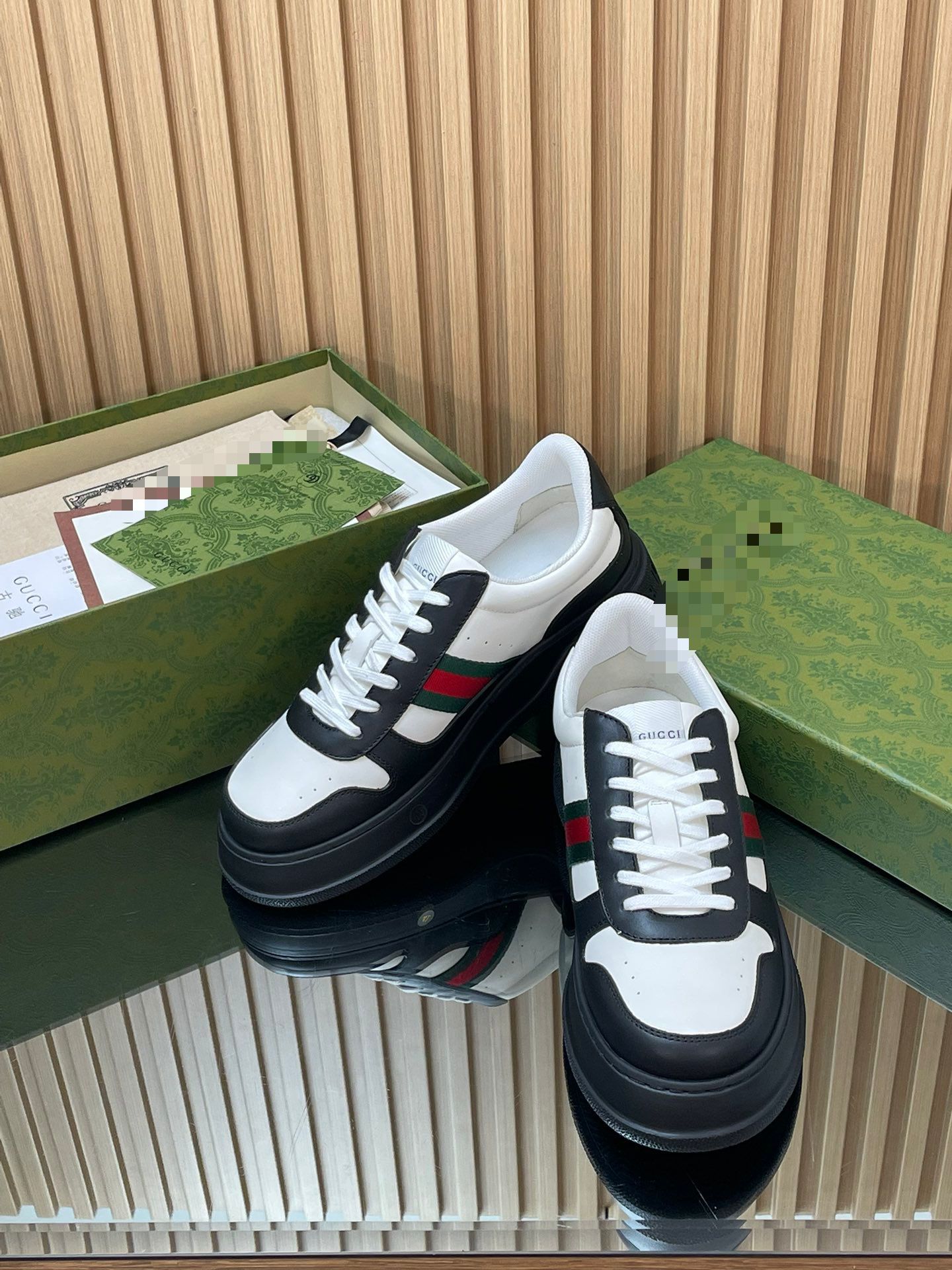 Two-Tone Chunky B Sneaker – White & Black Smooth Leather with Heritage Web Stripe
