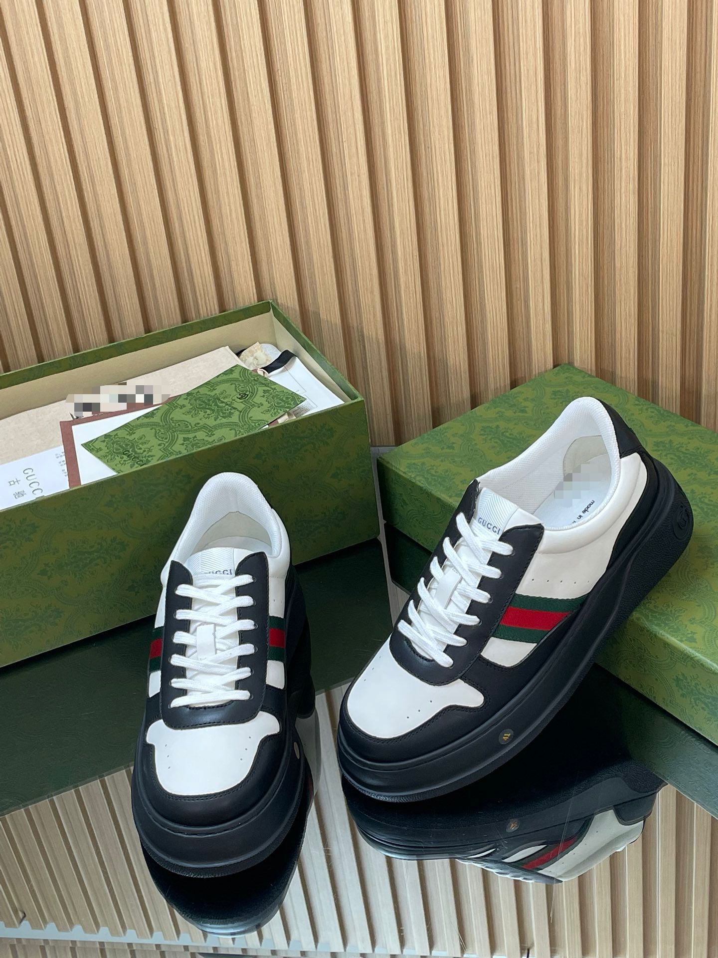 Two-Tone Chunky B Sneaker – White & Black Smooth Leather with Heritage Web Stripe