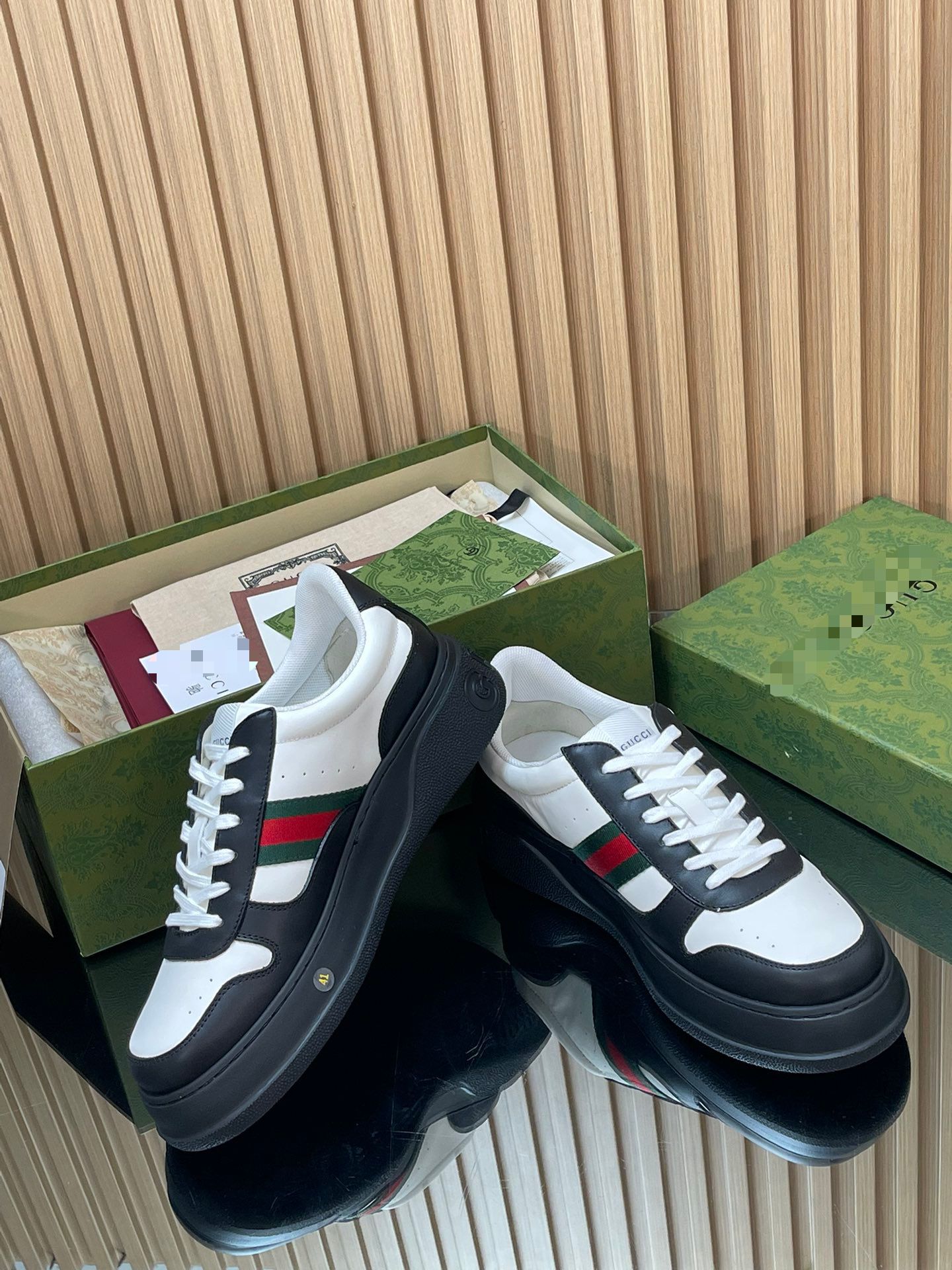 Two-Tone Chunky B Sneaker – White & Black Smooth Leather with Heritage Web Stripe