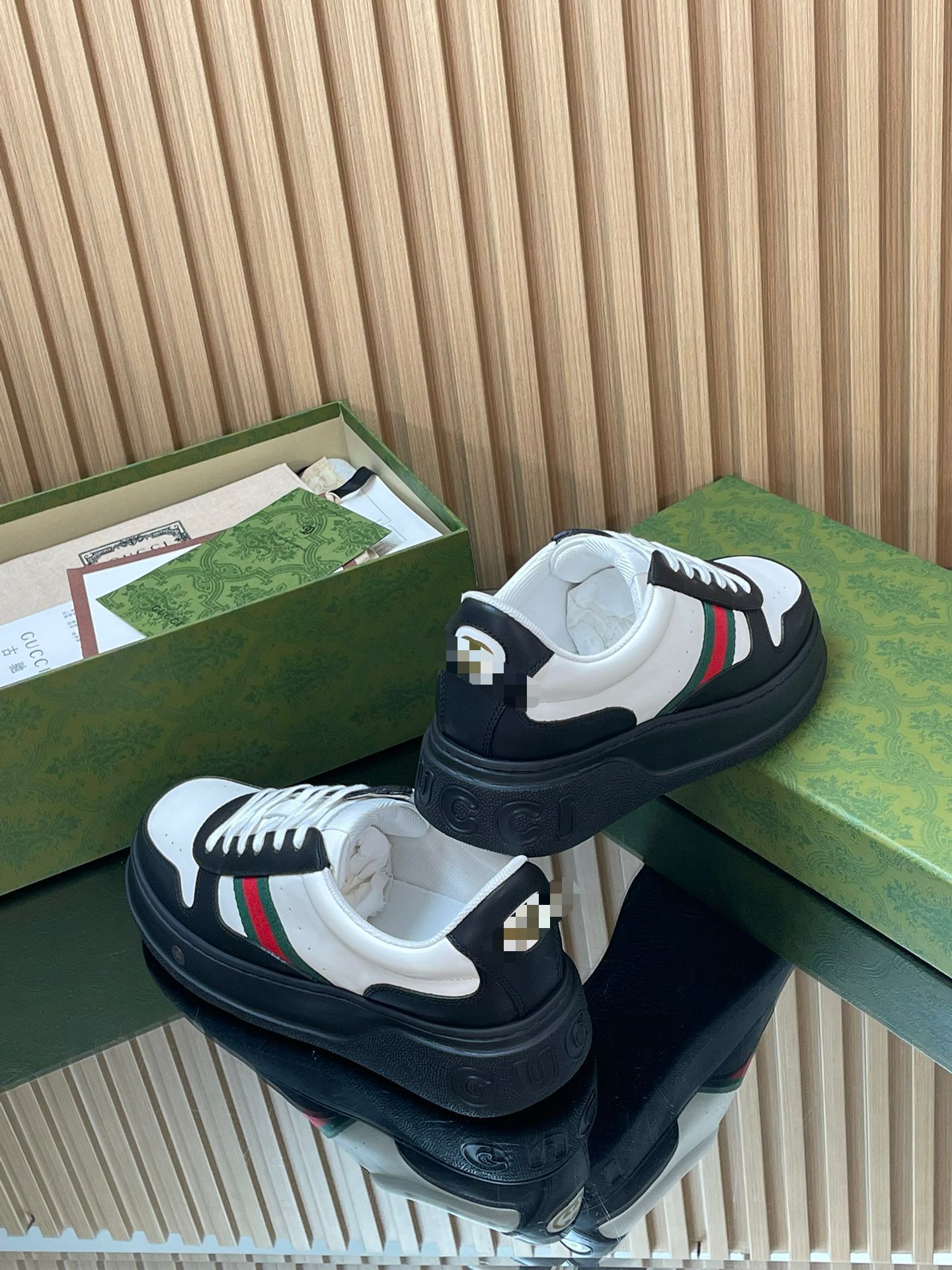 Two-Tone Chunky B Sneaker – White & Black Smooth Leather with Heritage Web Stripe