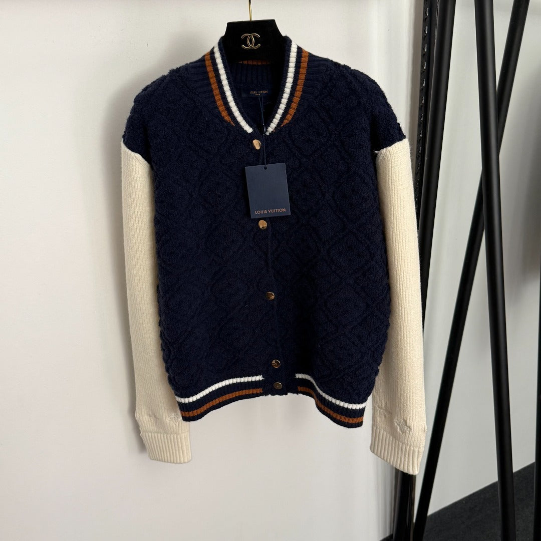 Monogram Toweling LV Varsity Jacket – Navy Wool-Cashmere Knit Bomber