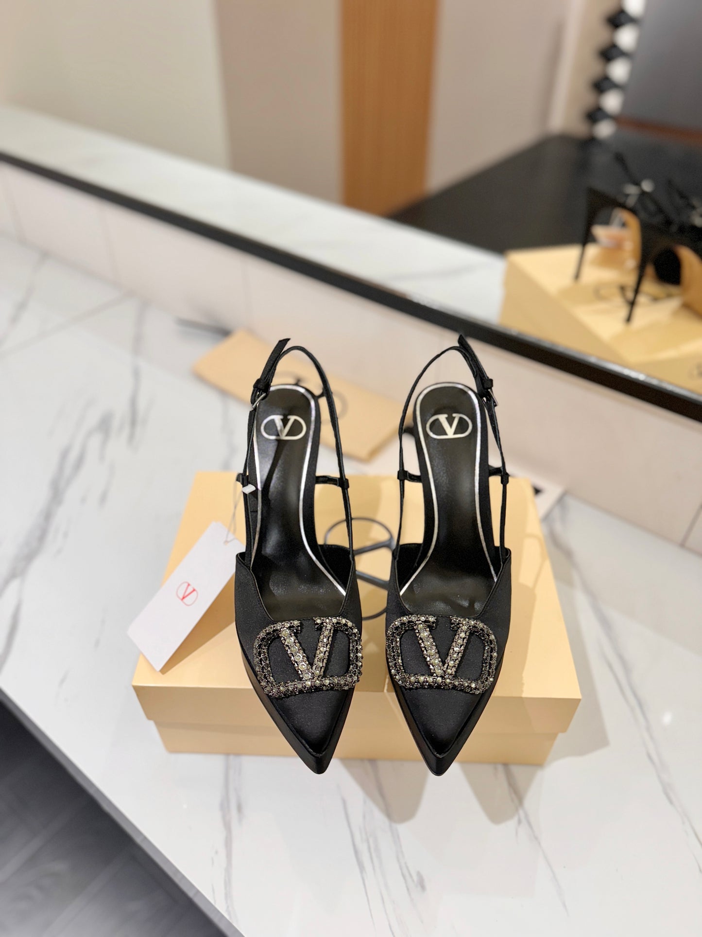 VLogo Signature Platform Slingback Pumps – Midnight Black Silk Satin Almond-Toe Heels