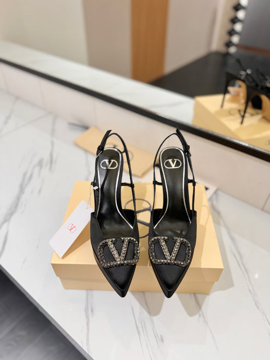 VLogo Signature Platform Slingback Pumps – Midnight Black Silk Satin Almond-Toe Heels