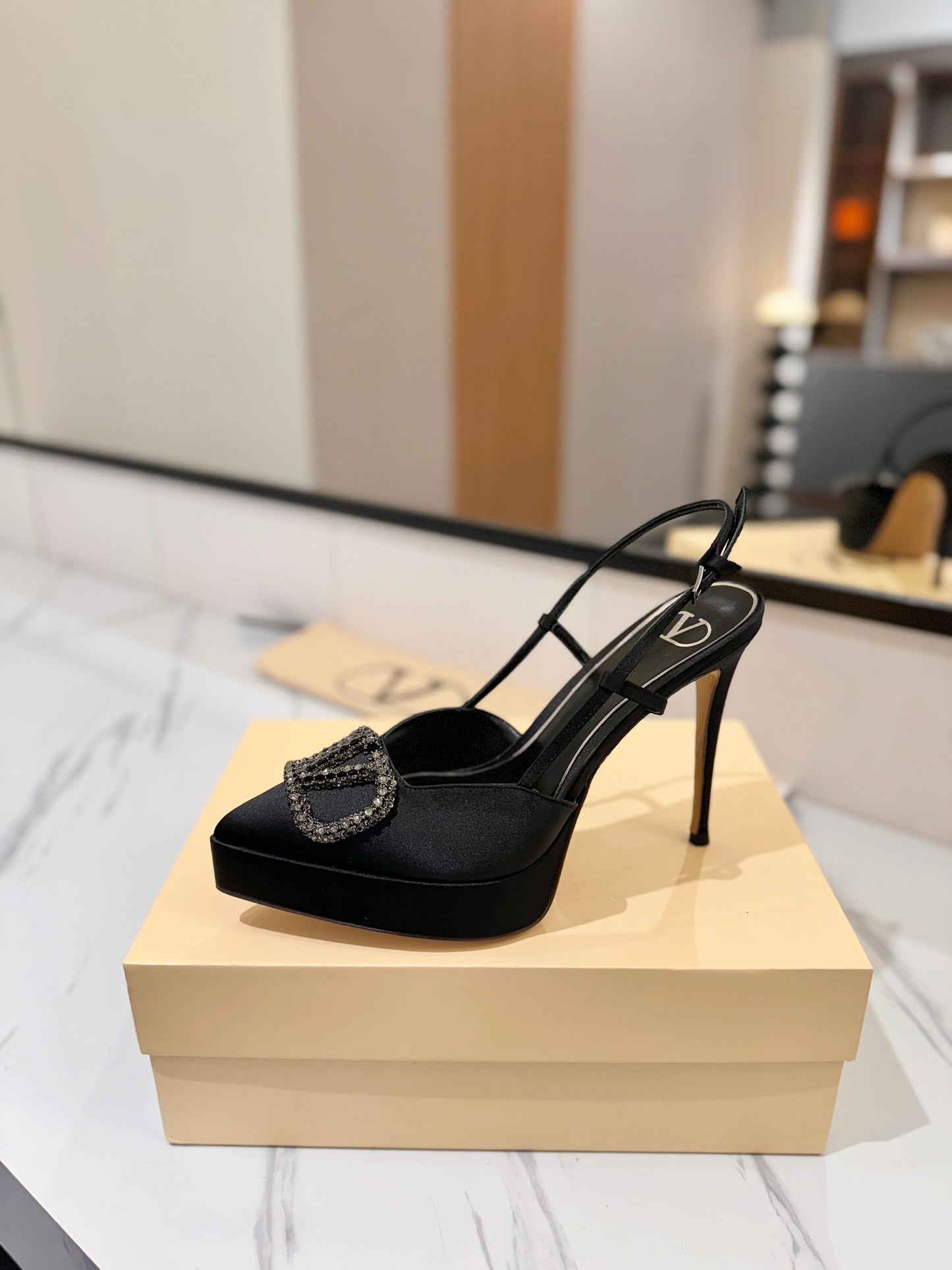 VLogo Signature Platform Slingback Pumps – Midnight Black Silk Satin Almond-Toe Heels