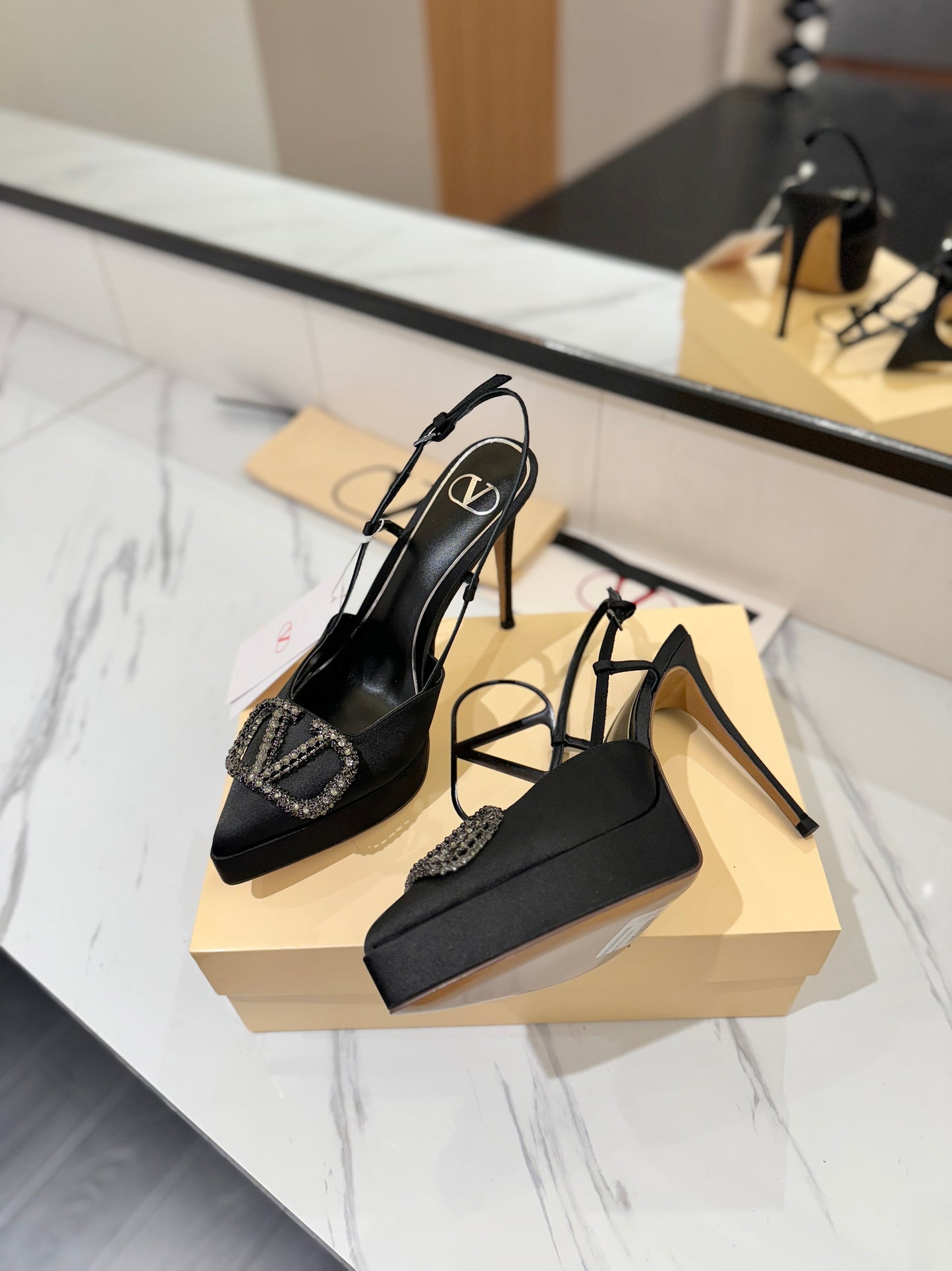 VLogo Signature Platform Slingback Pumps – Midnight Black Silk Satin Almond-Toe Heels