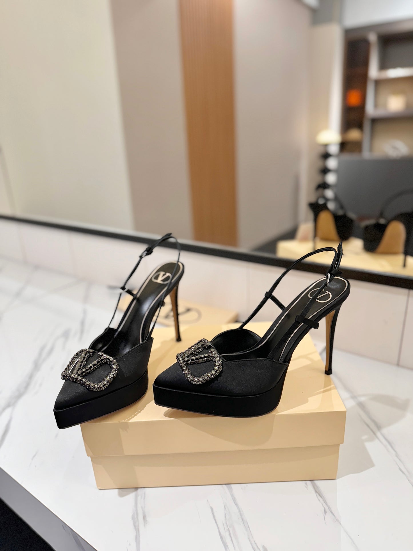 VLogo Signature Platform Slingback Pumps – Midnight Black Silk Satin Almond-Toe Heels
