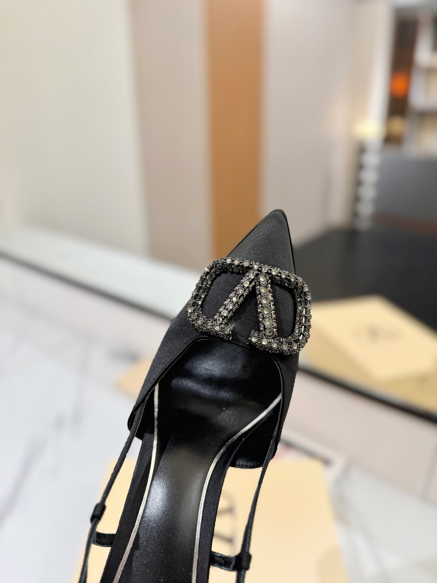 VLogo Signature Platform Slingback Pumps – Midnight Black Silk Satin Almond-Toe Heels