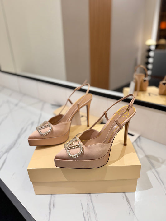 VLogo Signature Platform Slingback Pumps – Champagne Beige Silk Satin Almond-Toe