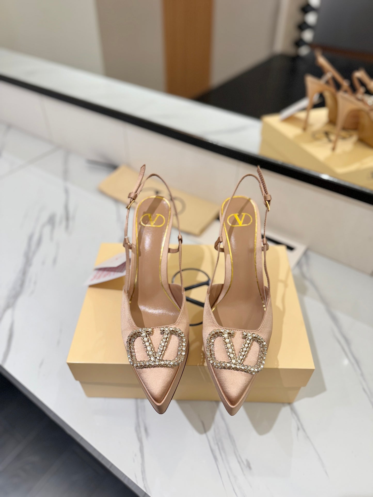 VLogo Signature Platform Slingback Pumps – Champagne Beige Silk Satin Almond-Toe