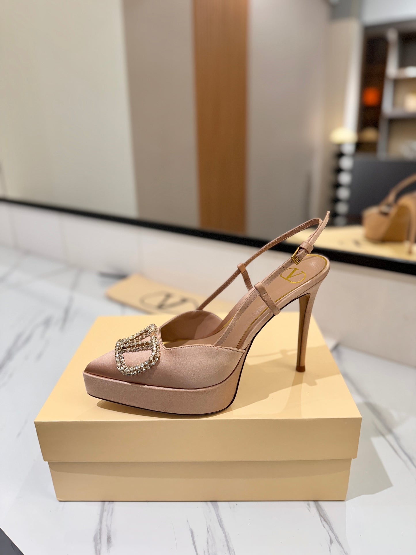 VLogo Signature Platform Slingback Pumps – Champagne Beige Silk Satin Almond-Toe