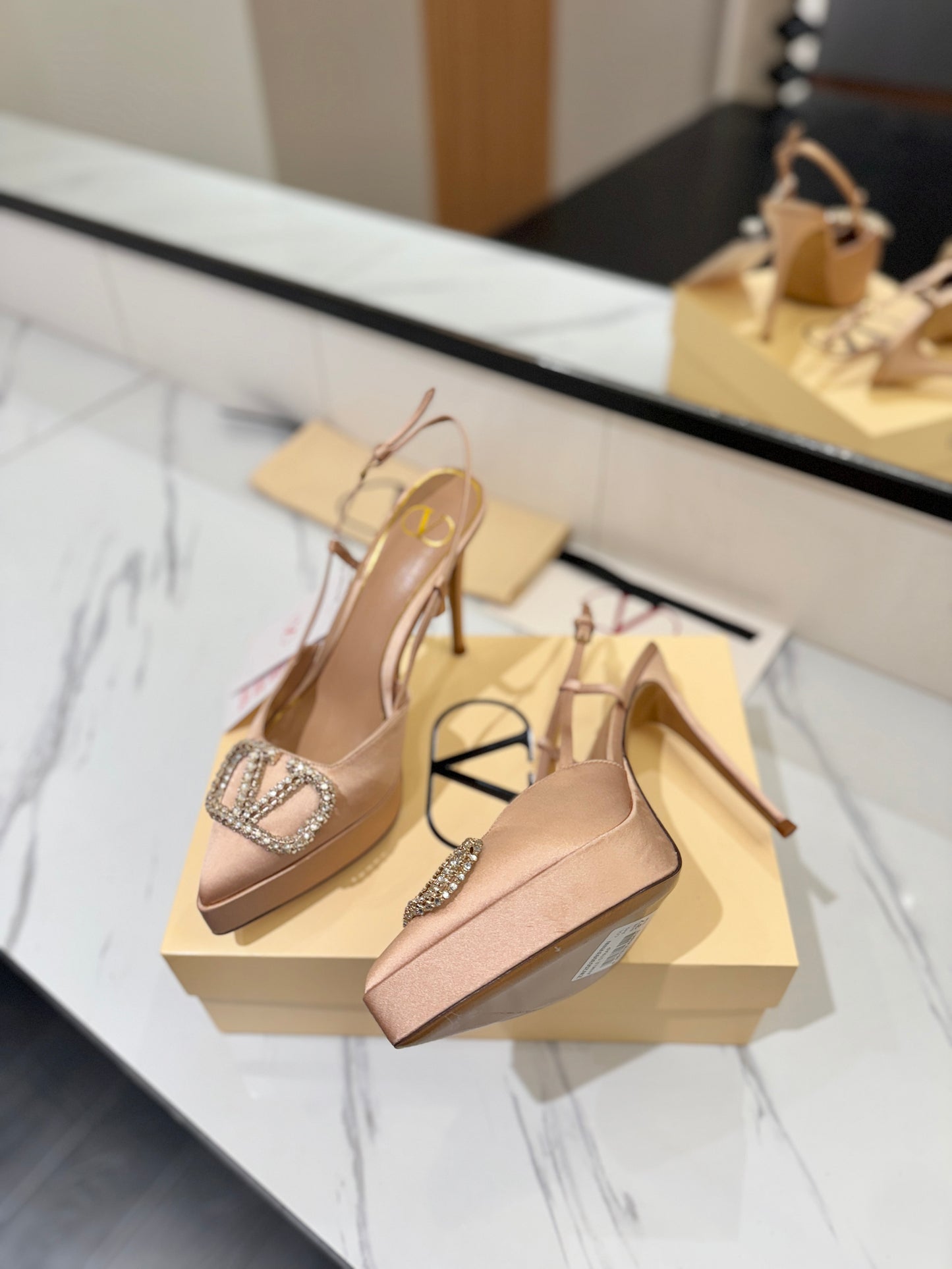 VLogo Signature Platform Slingback Pumps – Champagne Beige Silk Satin Almond-Toe