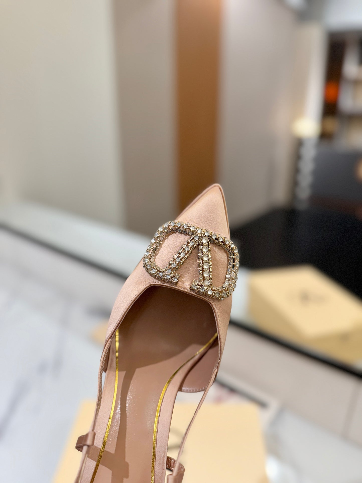 VLogo Signature Platform Slingback Pumps – Champagne Beige Silk Satin Almond-Toe