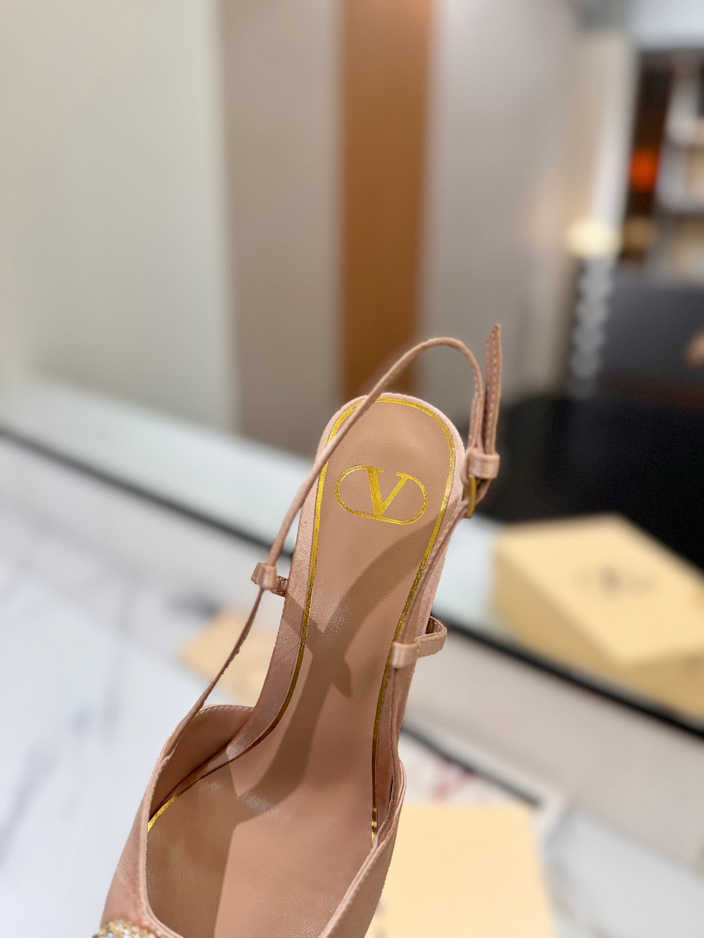 VLogo Signature Platform Slingback Pumps – Champagne Beige Silk Satin Almond-Toe