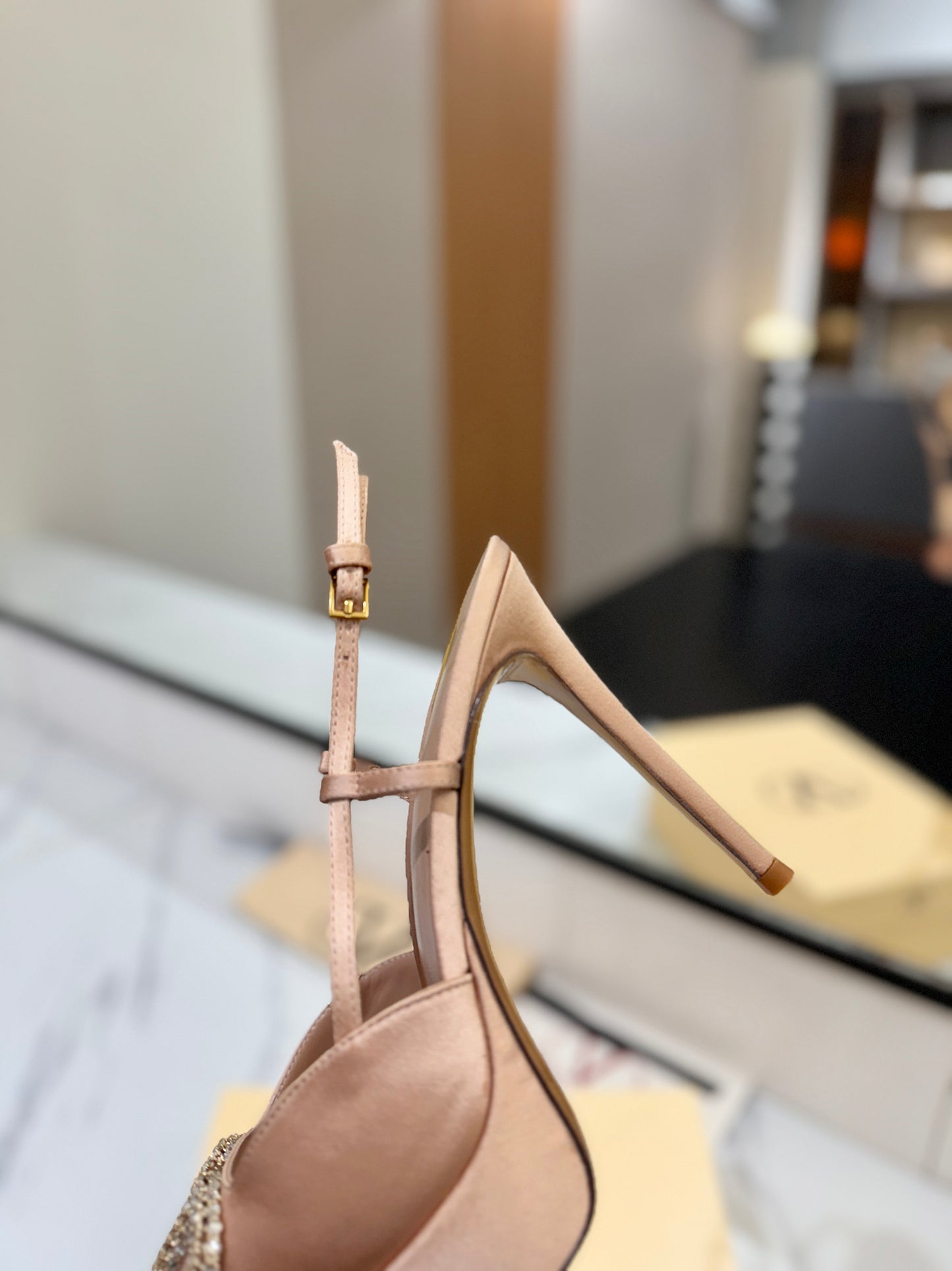 VLogo Signature Platform Slingback Pumps – Champagne Beige Silk Satin Almond-Toe