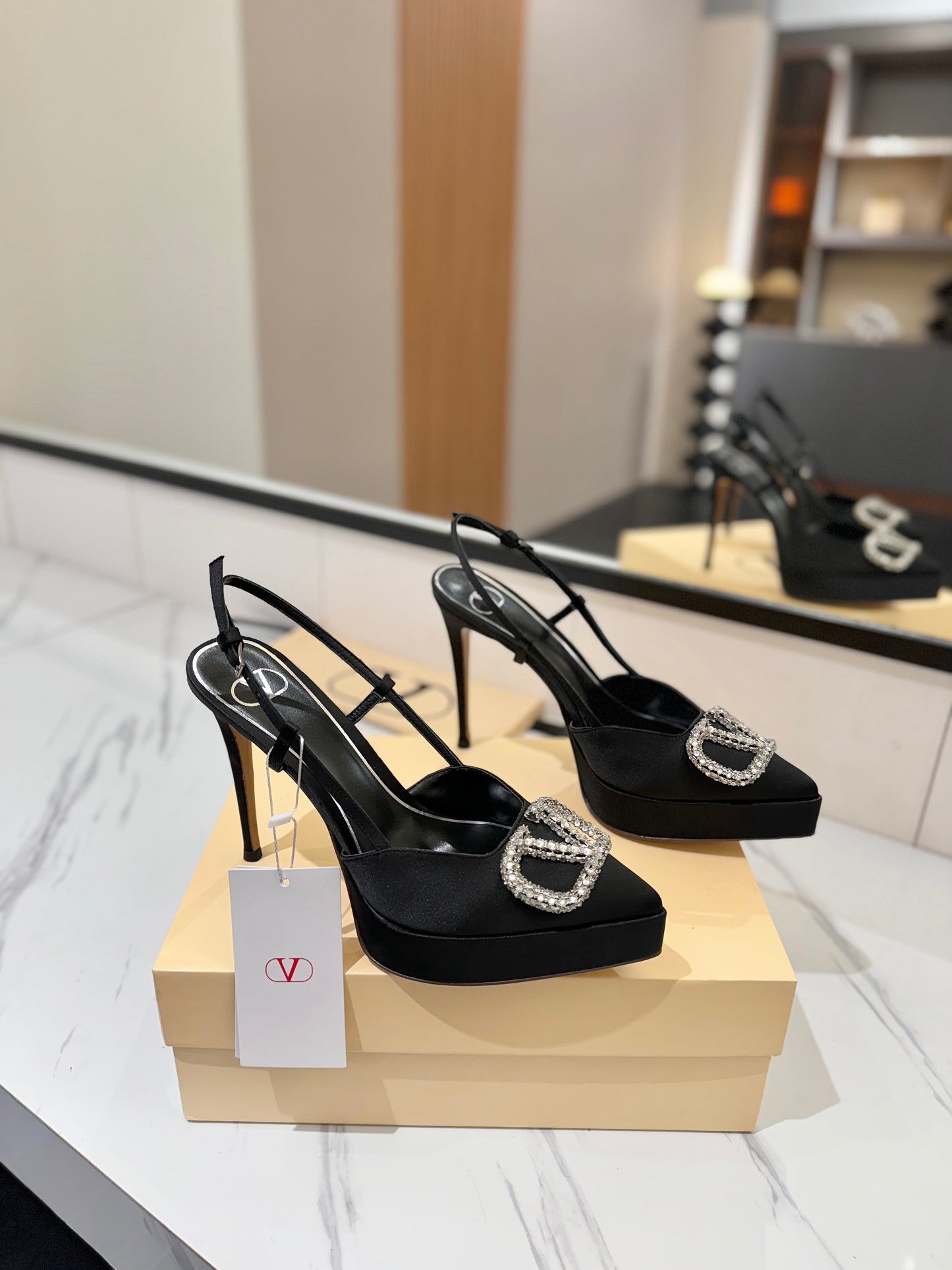 VLogo Signature Platform Slingback Pumps – Midnight Black Silk Satin Almond-Toe Heels
