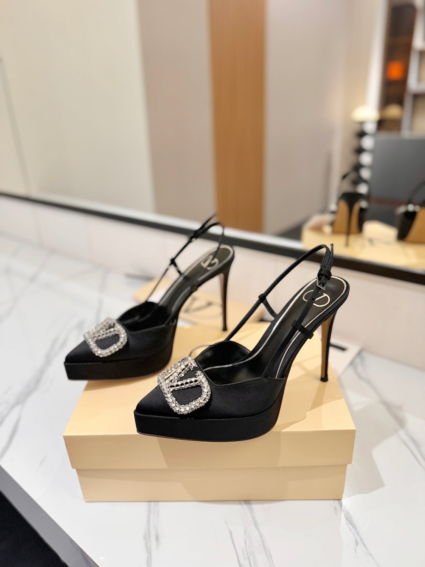 VLogo Signature Platform Slingback Pumps – Midnight Black Silk Satin Almond-Toe Heels