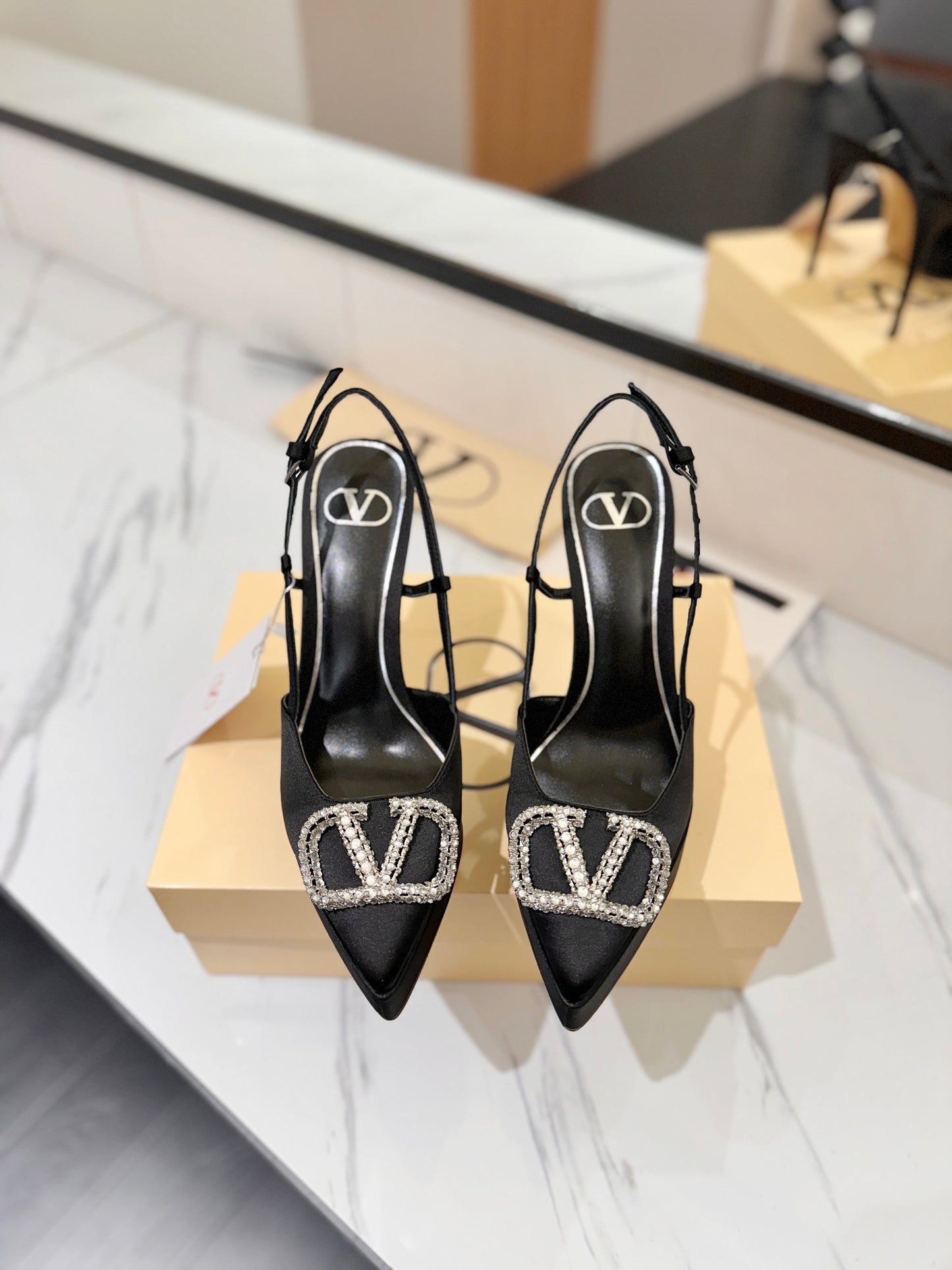 VLogo Signature Platform Slingback Pumps – Midnight Black Silk Satin Almond-Toe Heels