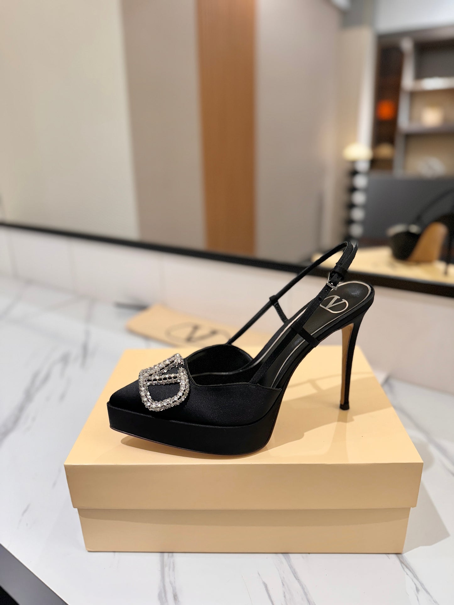 VLogo Signature Platform Slingback Pumps – Midnight Black Silk Satin Almond-Toe Heels