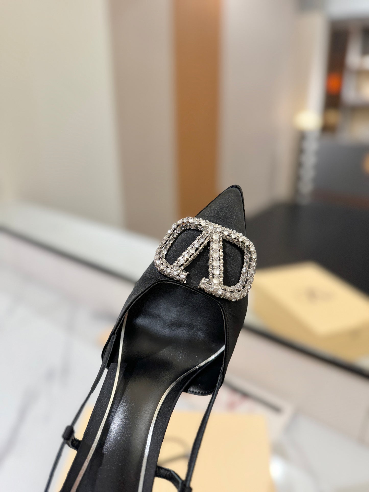 VLogo Signature Platform Slingback Pumps – Midnight Black Silk Satin Almond-Toe Heels