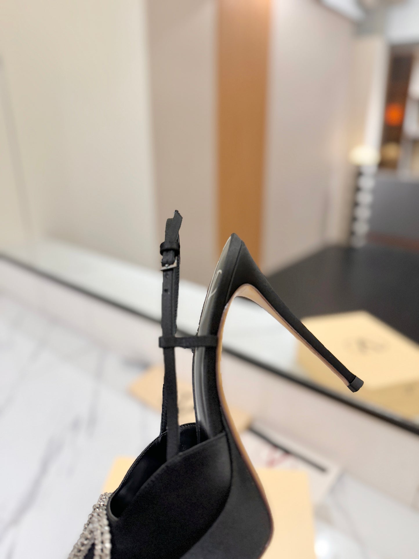 VLogo Signature Platform Slingback Pumps – Midnight Black Silk Satin Almond-Toe Heels