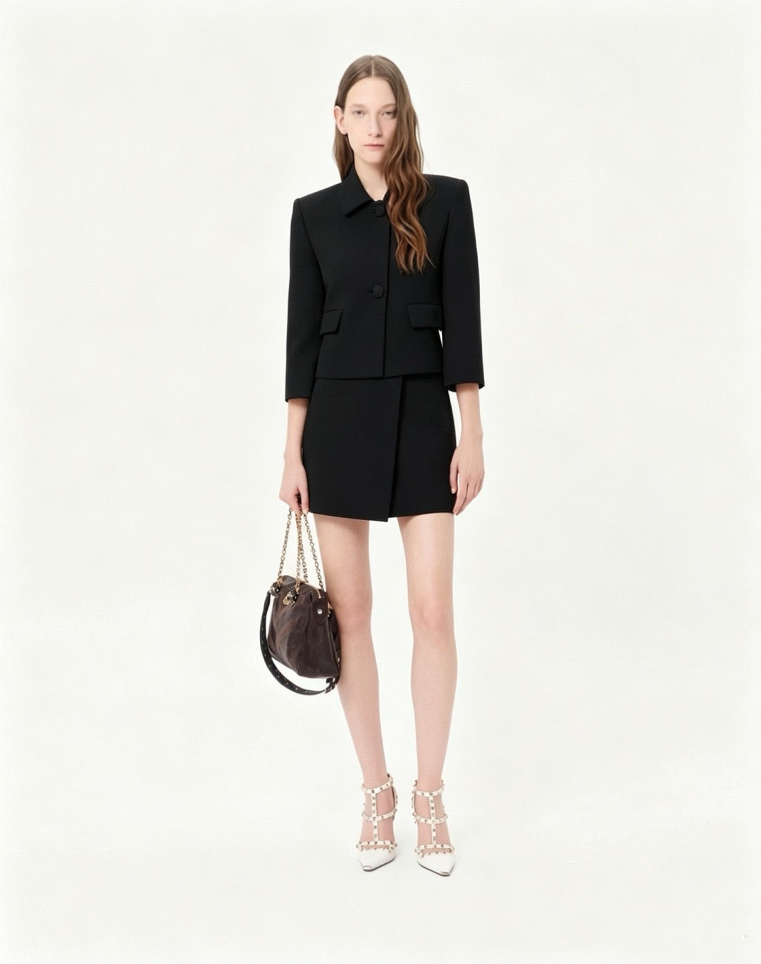 V-Gold Detail Wrap Skort – High-Density Asymmetric Tailored Skirt-Shorts