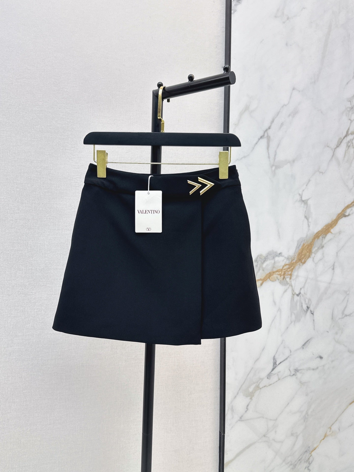 V-Gold Detail Wrap Skort – High-Density Asymmetric Tailored Skirt-Shorts