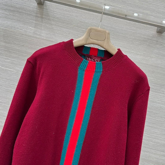 Gucci Fine Knit Wool Sweater – Web Stripe Intarsia in Rosso Ancora