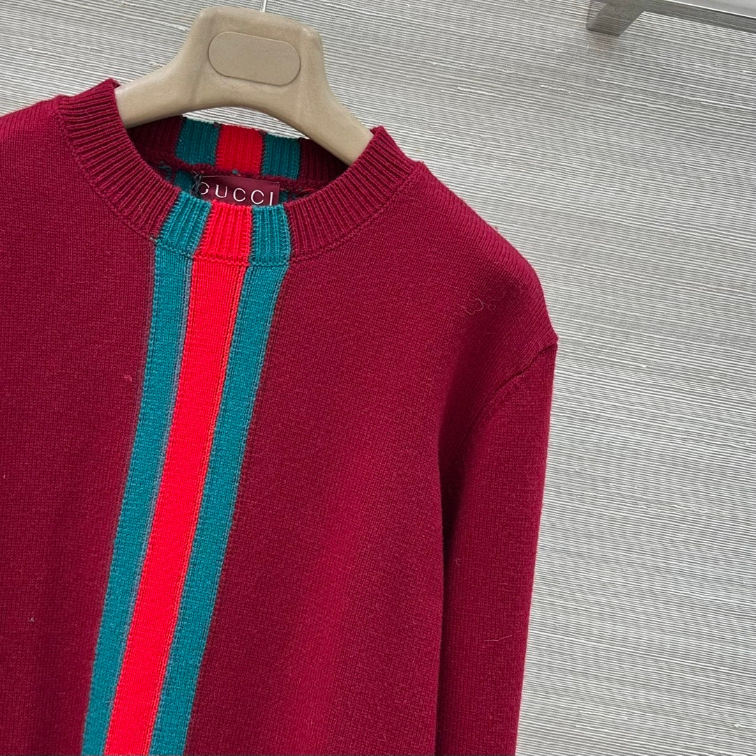 Gucci Fine Knit Wool Sweater – Web Stripe Intarsia in Rosso Ancora