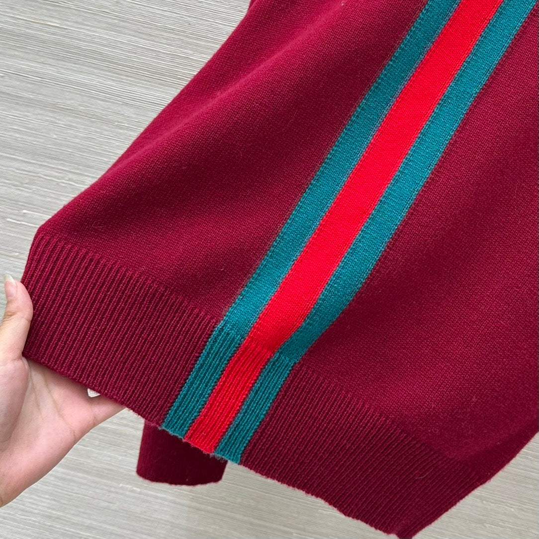 Gucci Fine Knit Wool Sweater – Web Stripe Intarsia in Rosso Ancora