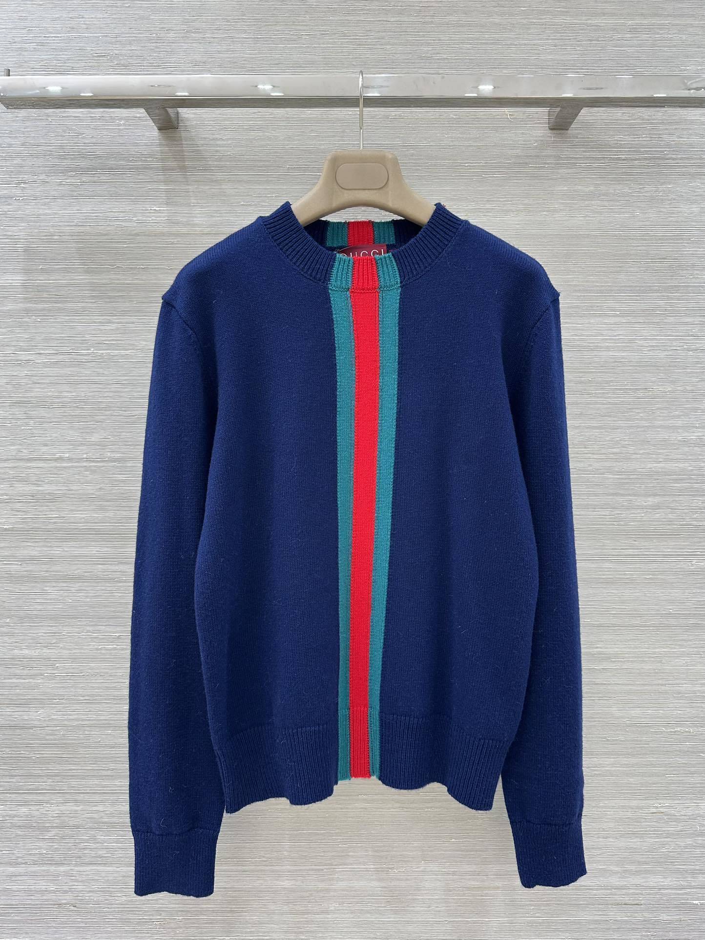 Gucci Fine Knit Wool Sweater – Web Stripe Intarsia in Rosso Ancora