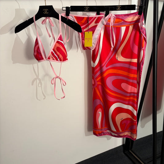 Marmo-Print 3-Piece Archive Set – Flamingo Pink String Bikini and 100% Silk Twill Sarong