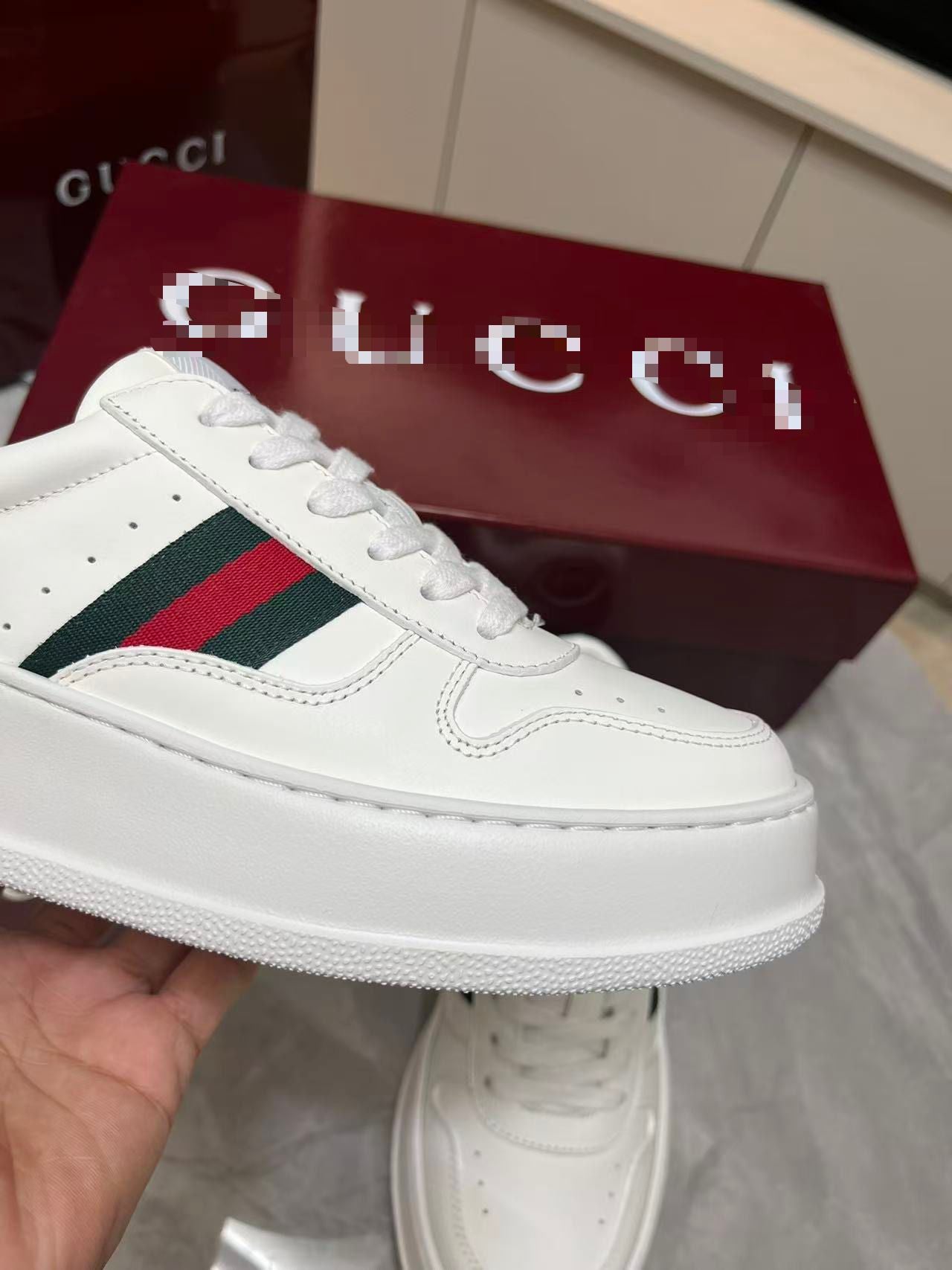Chunky B Leather Platform Sneakers - White with Web Stripe